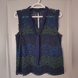 RW&CO. Navy Blue Green Lace Tie-Neck Sleeveless Blouse